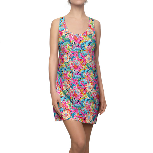 Coastal Summer Blooms: Bright   Floral Watercolors in Coastal Hues Women's Racerback Dress XS - 2XL