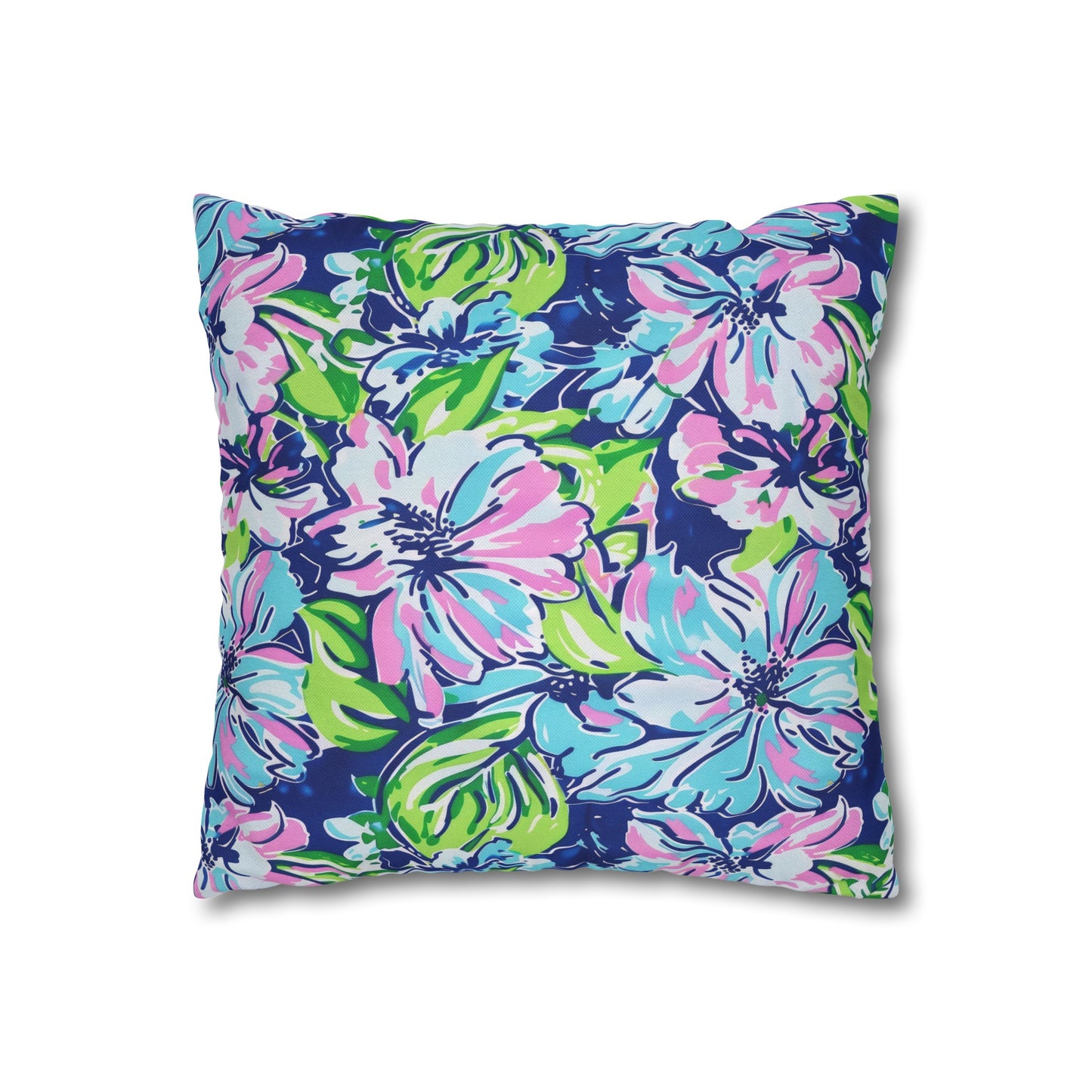 Seaside Coastal Pink, Navy, and Green Tropical Blooms Spun Polyester Square Pillowcase 4 Sizes