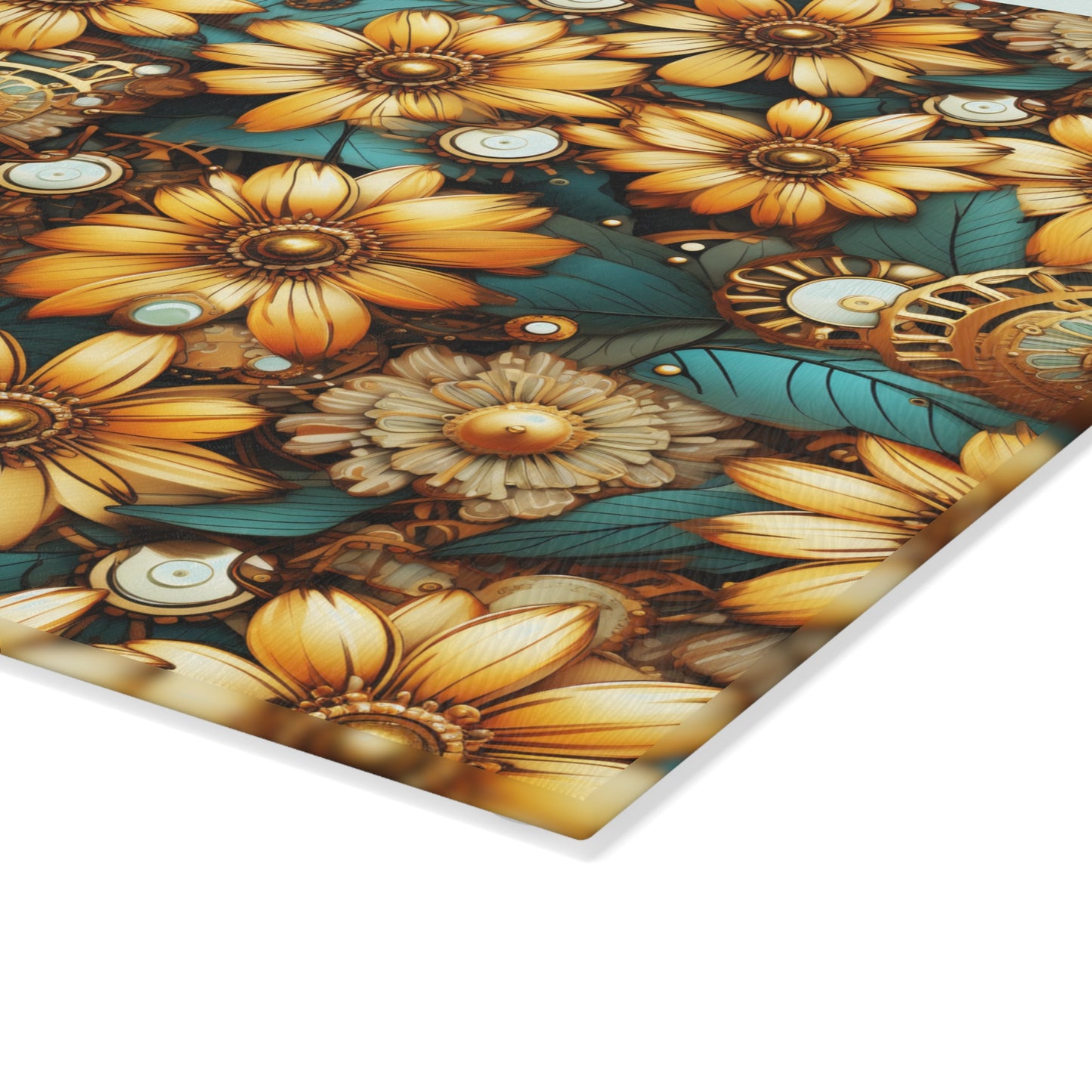 Victorian Steampunk Gold Flowers Teal Background with Gears and Mechanical Elements - Glass Cutting Board  8" x 11" and 11" x 15"