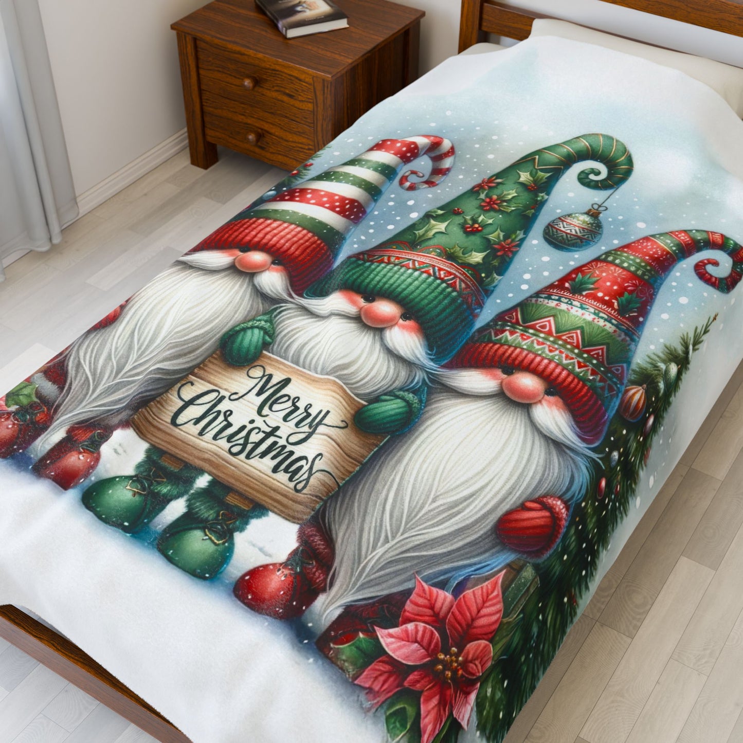 Gnomes Merry Christmas Velveteen Plush Blanket 3 Sizes