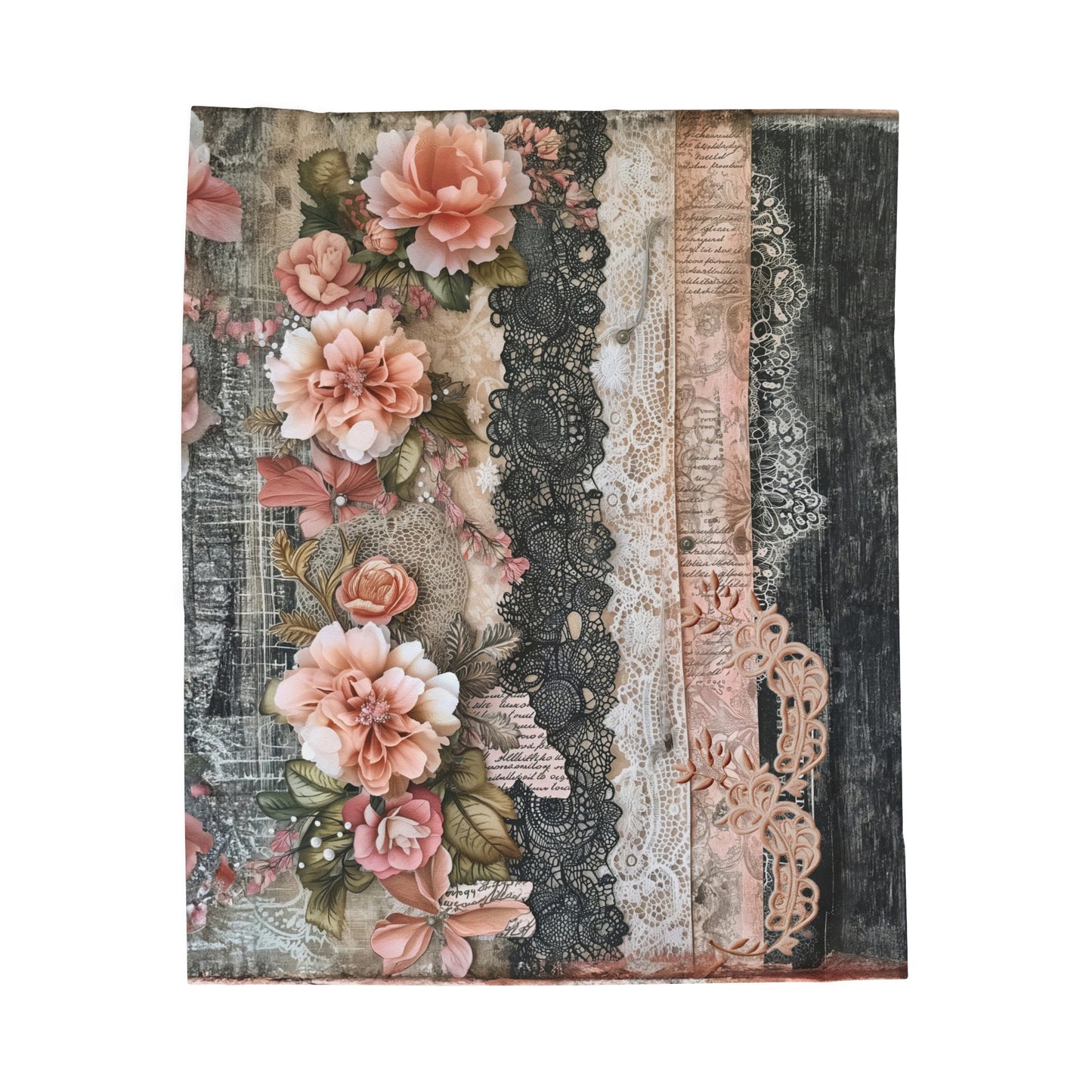 Elegant Victorian Flair: Layers of Pink and Black Lace Adorned with Pink Flowers Velveteen Plush Blanket 3 Sizes