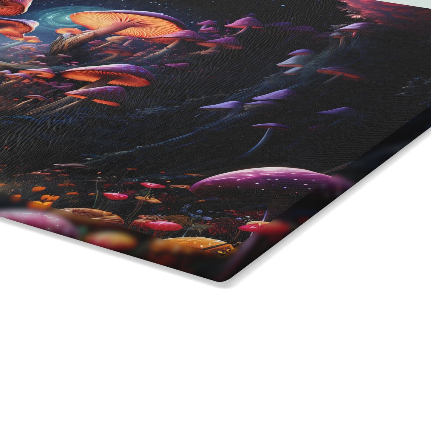 Psychedelic Black Light Glowing Mushroom Nighttime Scene - Glass Cutting Board  8" x 11" and 11" x 15"