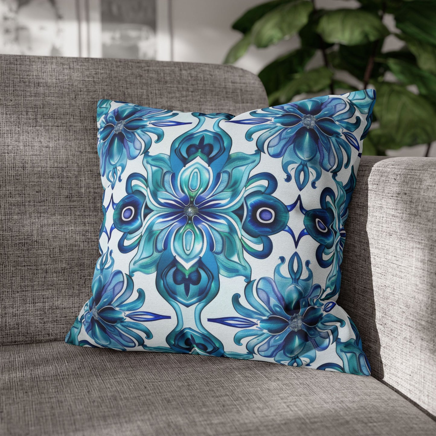 Blossom Symphony of Blue Teal Intricate Floral Pattern Spun Polyester Square Pillowcase 4 Sizes