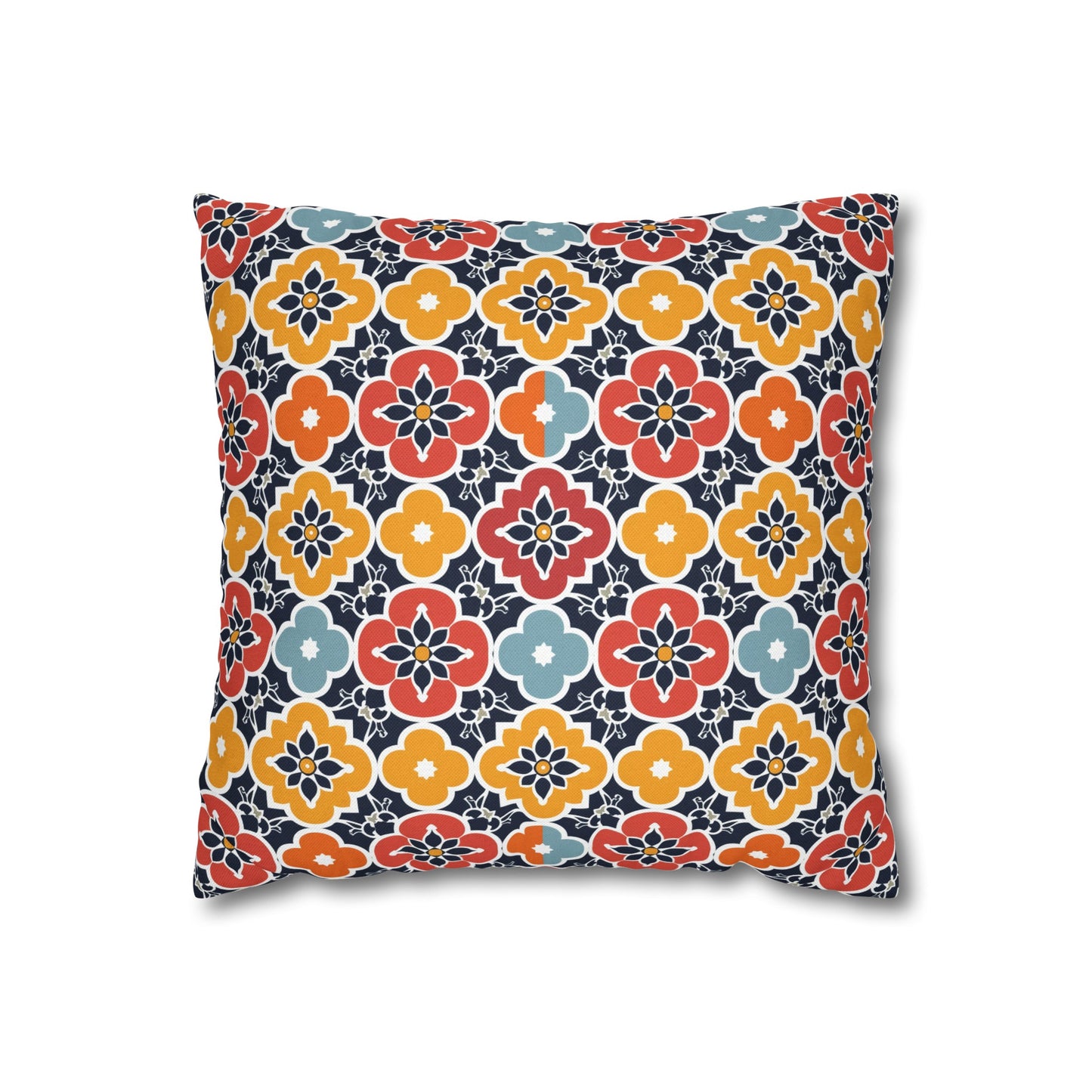 Vibrant Moroccan Orange, Gold and Blue Tile Pattern Spun Polyester Square Pillowcase 4 Sizes