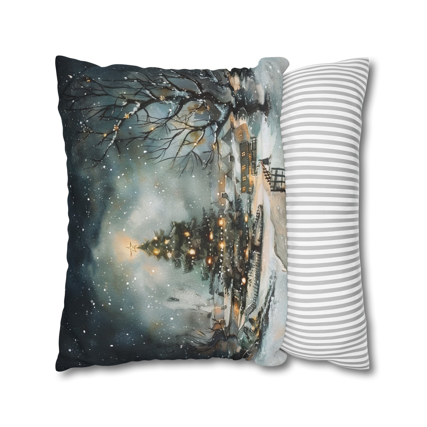 Winter Wonderland Glow: Christmas Tree Illuminating a Snowy Village Spun Polyester Square Pillowcase 4 Sizes