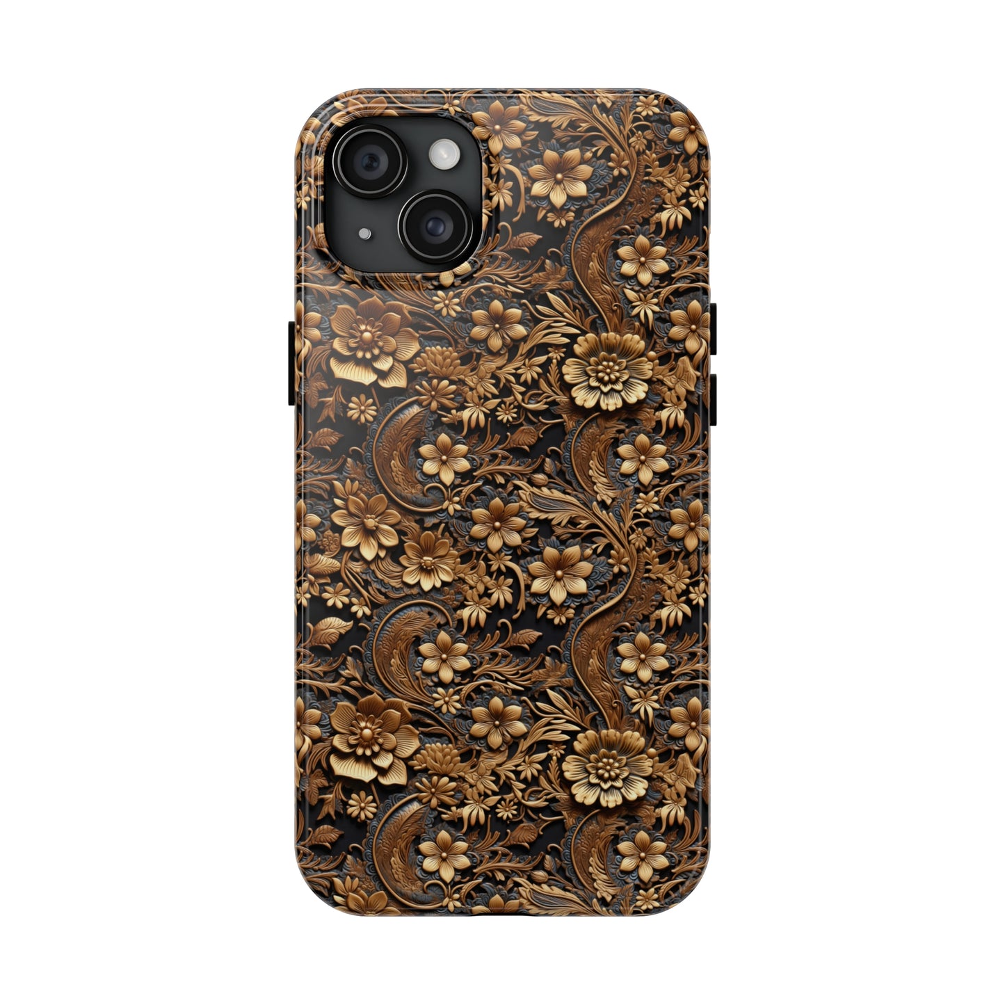 Tooled Leather Large Gold Flowers with Blue Leaf Swirl Accents Print Design Iphone Tough Phone Case