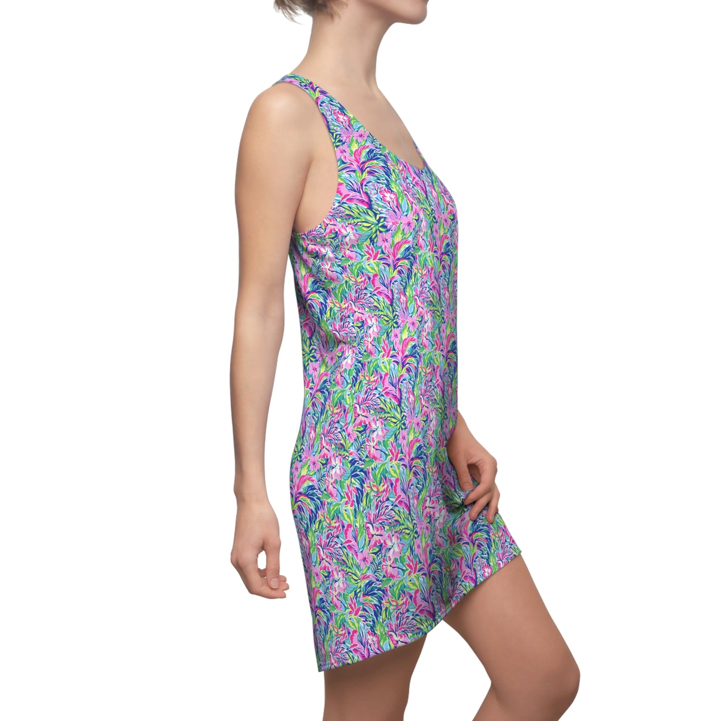 Tropical Serenity: Pink, Green, and Blue Watercolor Floral Delight Women's Racerback Dress XS - 2XL