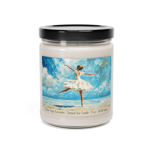 Coastal Elegance: Ballerina Dancing in White Amidst Beach Sunlight Scented Soy 9oz Candle in 9 Amazing Scents
