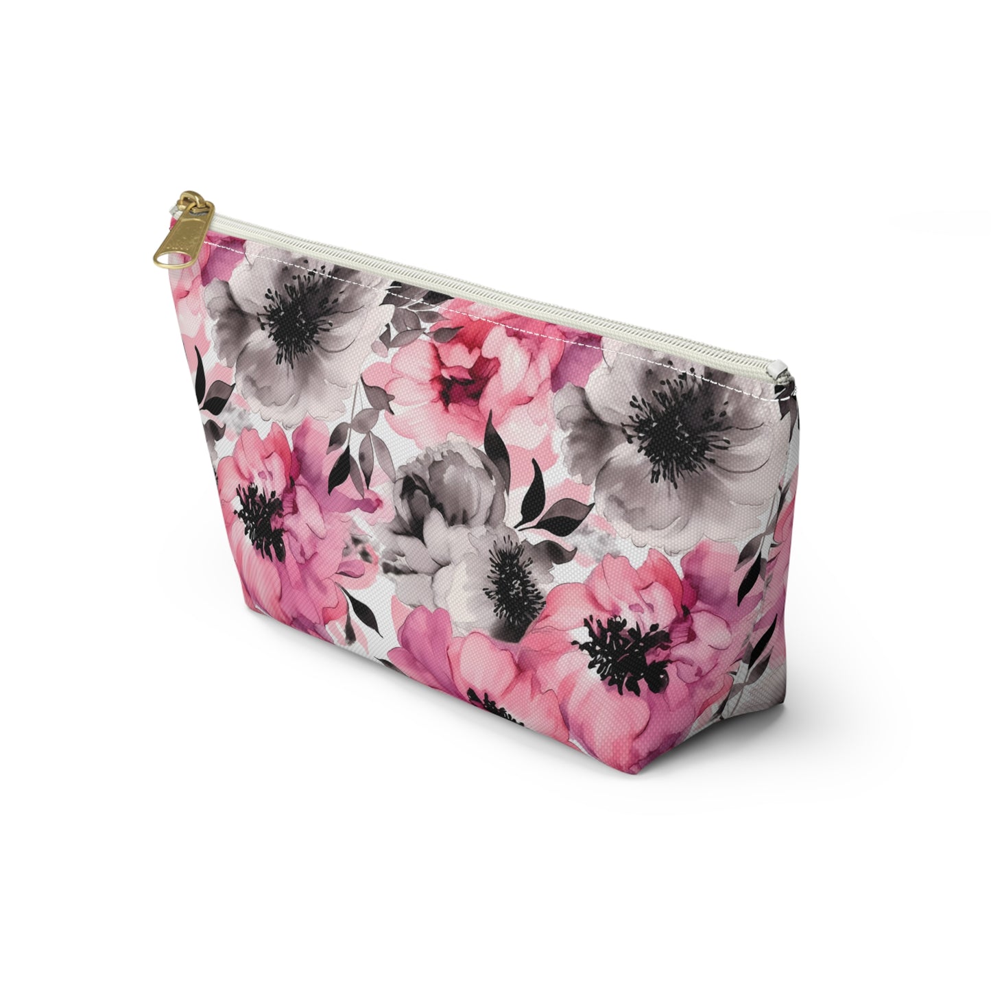 Graceful Elegance: Large Pink and Grey Watercolor Flower Design - Makeup & Accessory Bag 2 Sizes