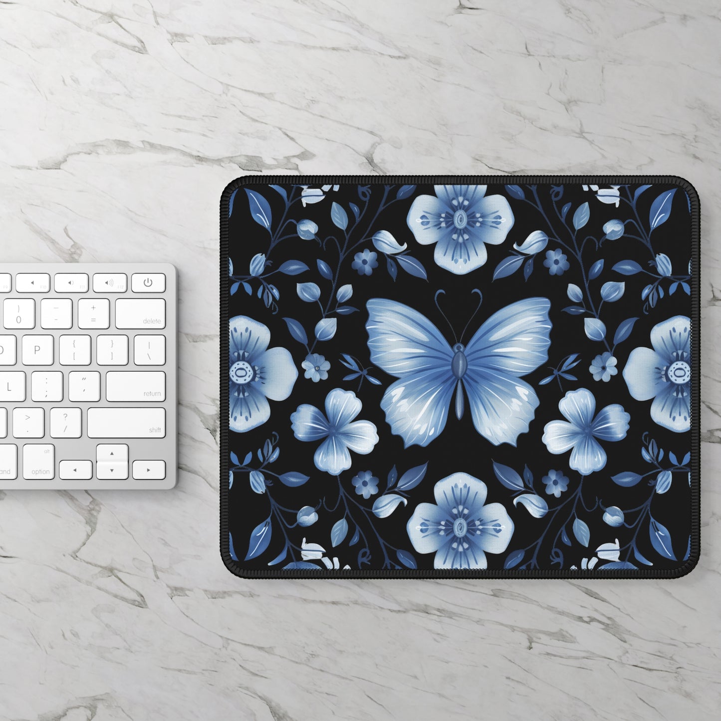 Enchanted Blue Butterflies and Blooms on Black Gaming Mouse Pad with Finished Edges