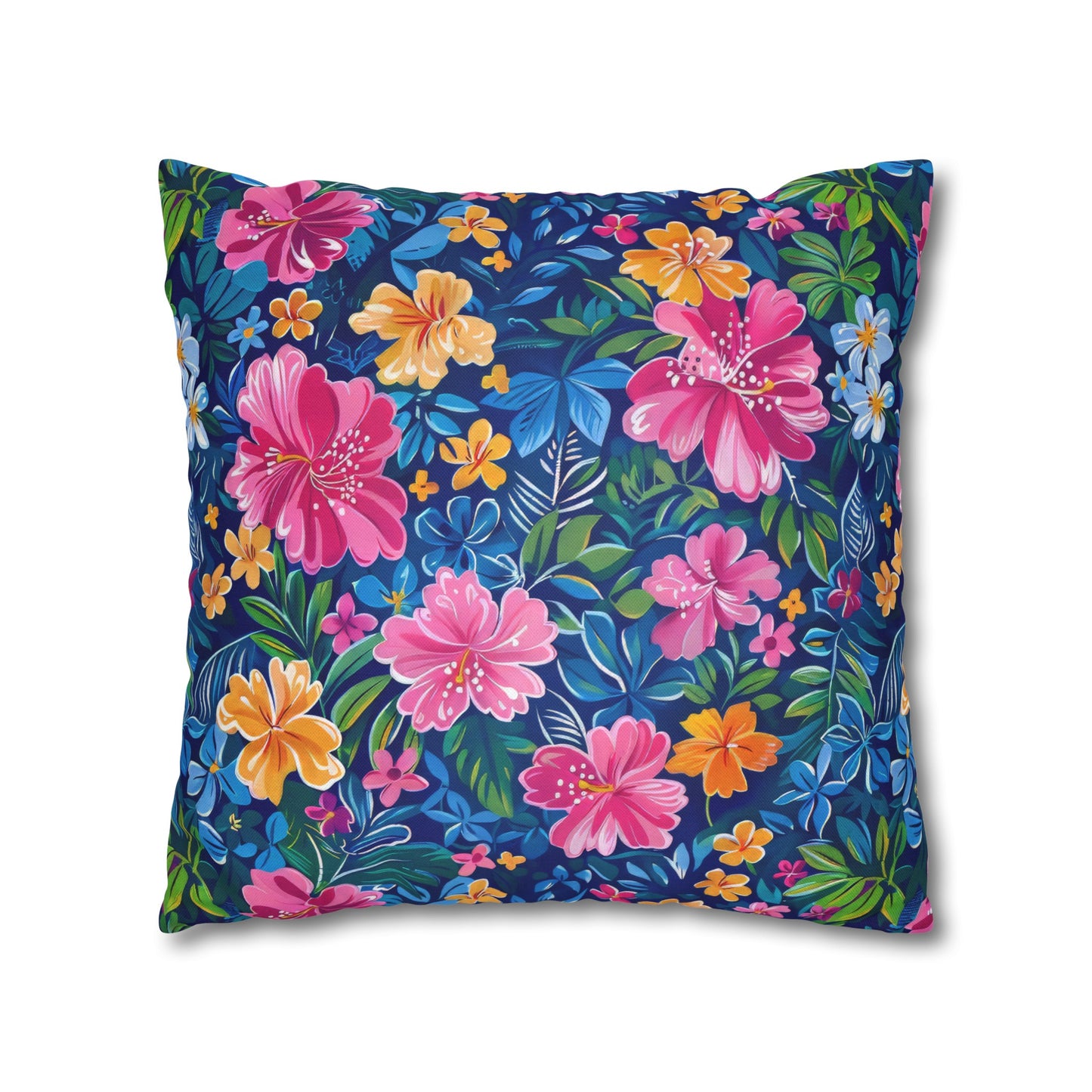 Tropical Sunrise Bloom: Pink Watercolor Flowers with Yellow and Blue Accents Spun Polyester Square Pillowcase 4 Sizes