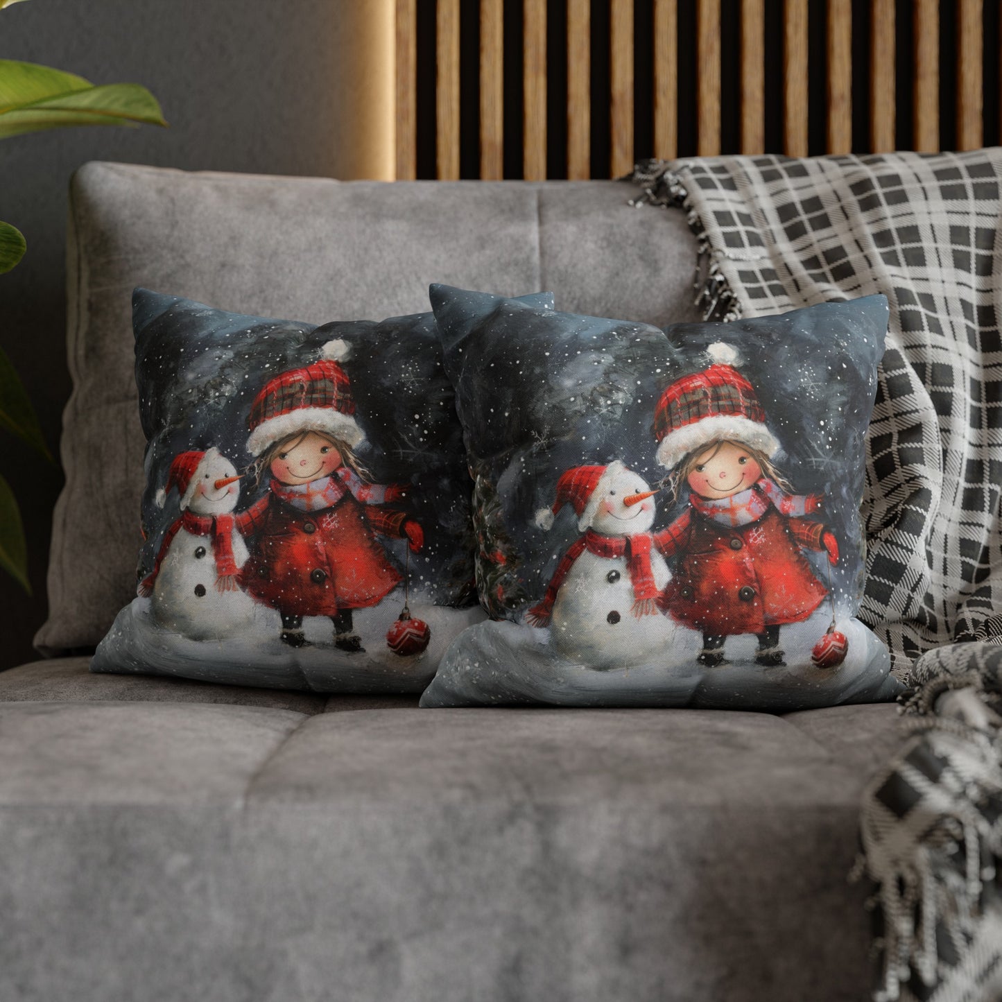 Frosty Friends: Little Girl Standing with Snowman on a Snowy Night Spun Polyester Square Pillowcase 4 Sizes