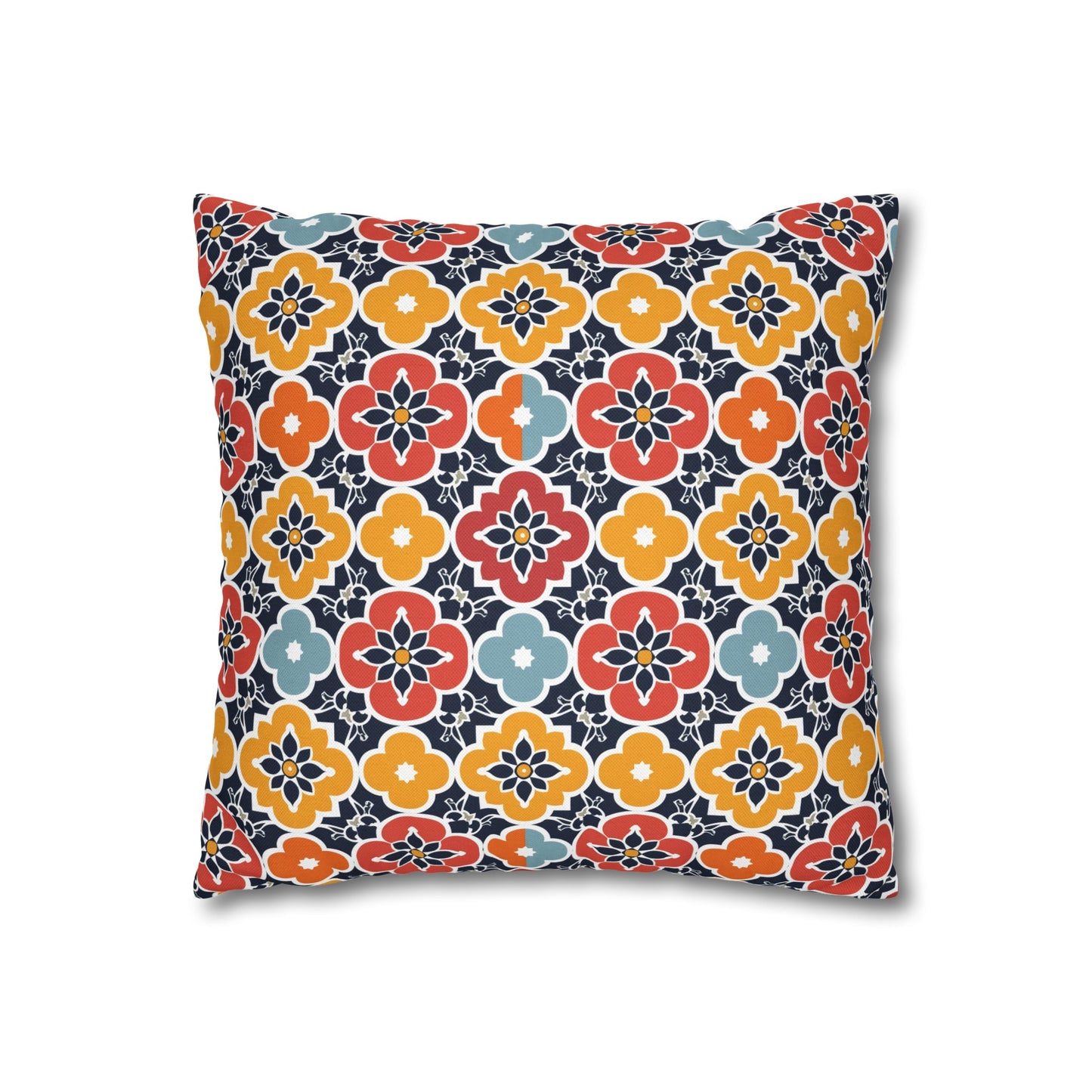 Vibrant Moroccan Orange, Gold and Blue Tile Pattern Spun Polyester Square Pillowcase 4 Sizes