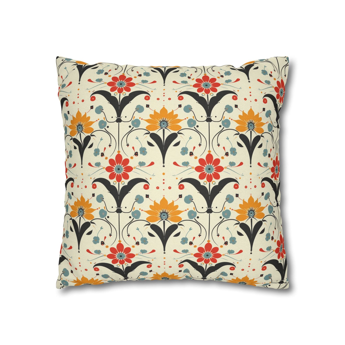 Whimsical Retro Garden in Muted Yellow, Red and Blues Spun Polyester Square Pillowcase 4 Sizes