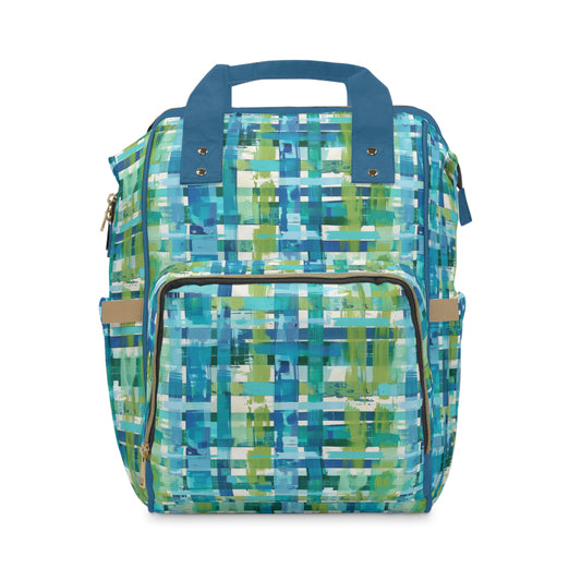 Enchanted Lagoon: Vibrant Green and Blue Abstract Plaid Multifunctional Diaper Backpack