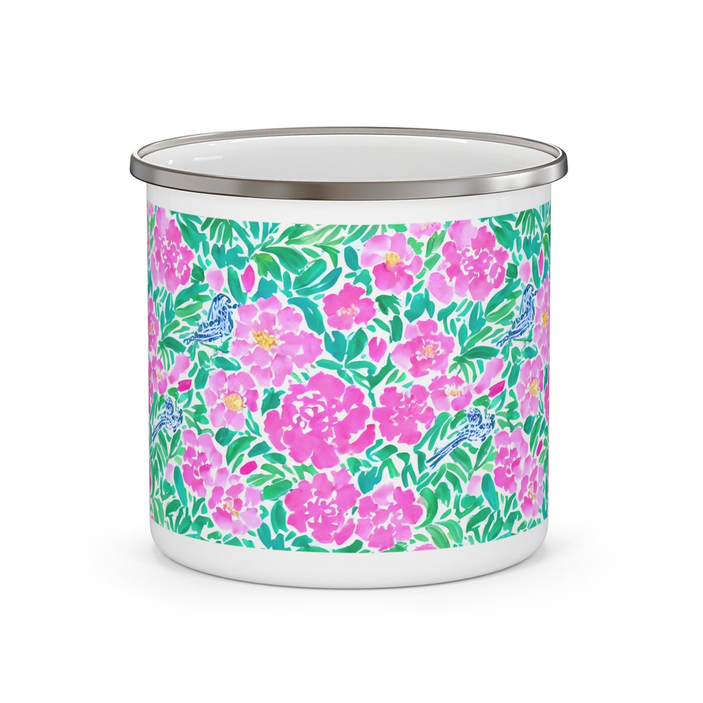 Springtime Whispers: Tiny Birds and Pink Blooms, Subtle Blue Accents, and Lush Green Leaves 12oz Enamel Camping Mug