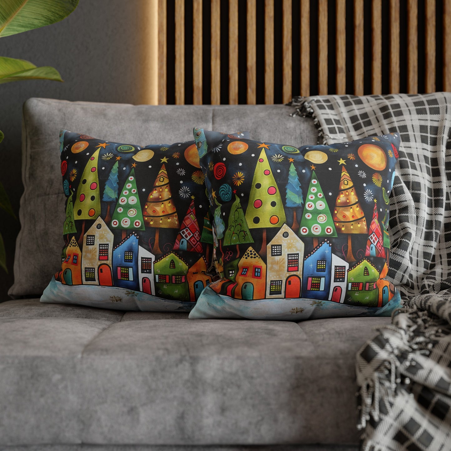 Holiday Haven: Abstract Folk Art Christmas Village Adorned with Christmas Trees Scene Spun Polyester Square Pillowcase 4 Sizes