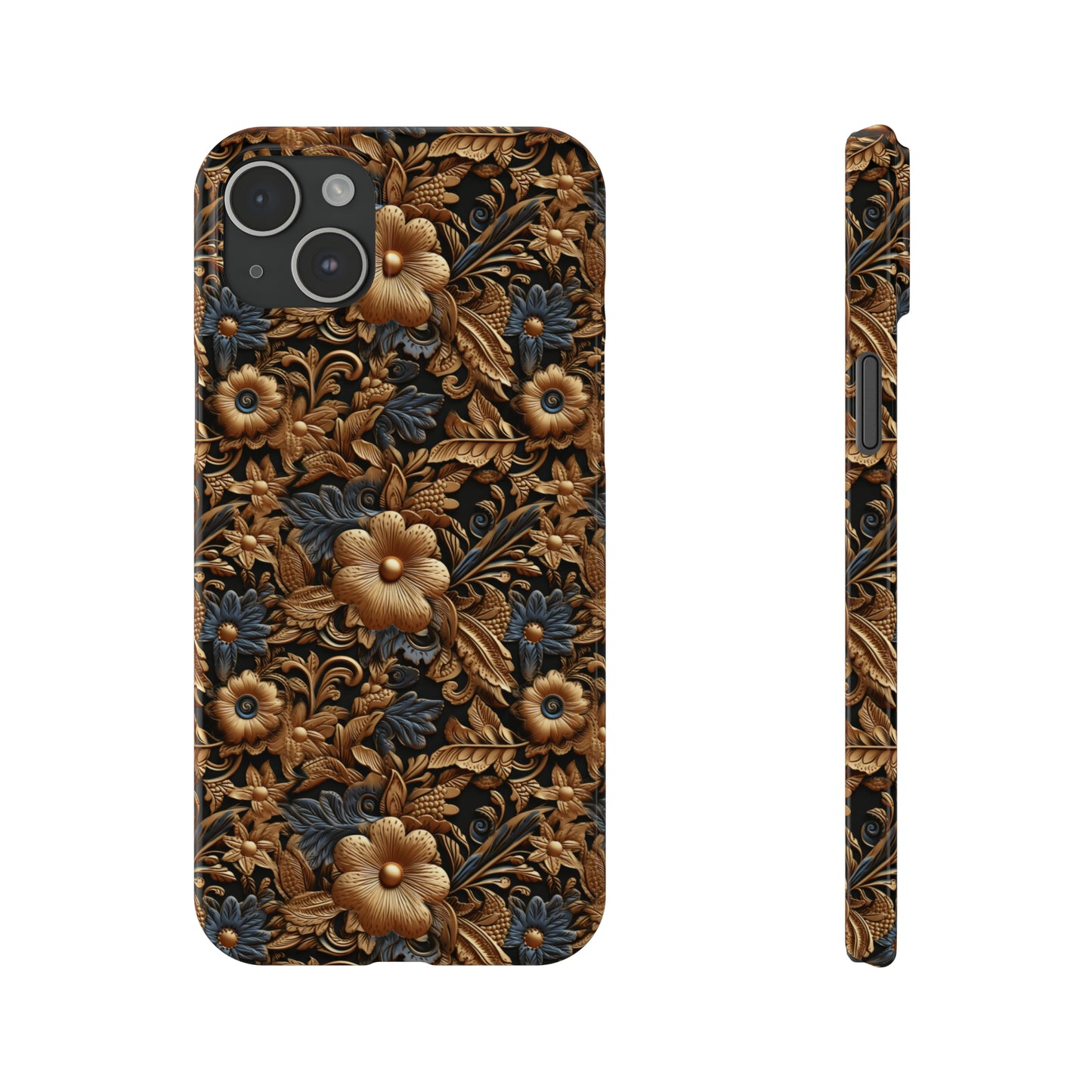 Tooled Leather Gold Flowers with Blue Leaves Accent Print Design Iphone 15-12 Slim Phone Case