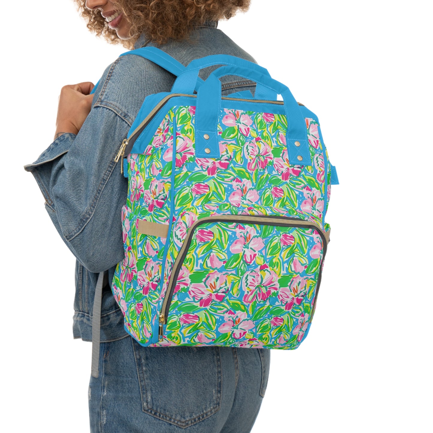 Whispering Meadows: Pink Blossoms, Lush Green Leaves, and Accents of Yellow and Blue Multifunctional Diaper Backpack