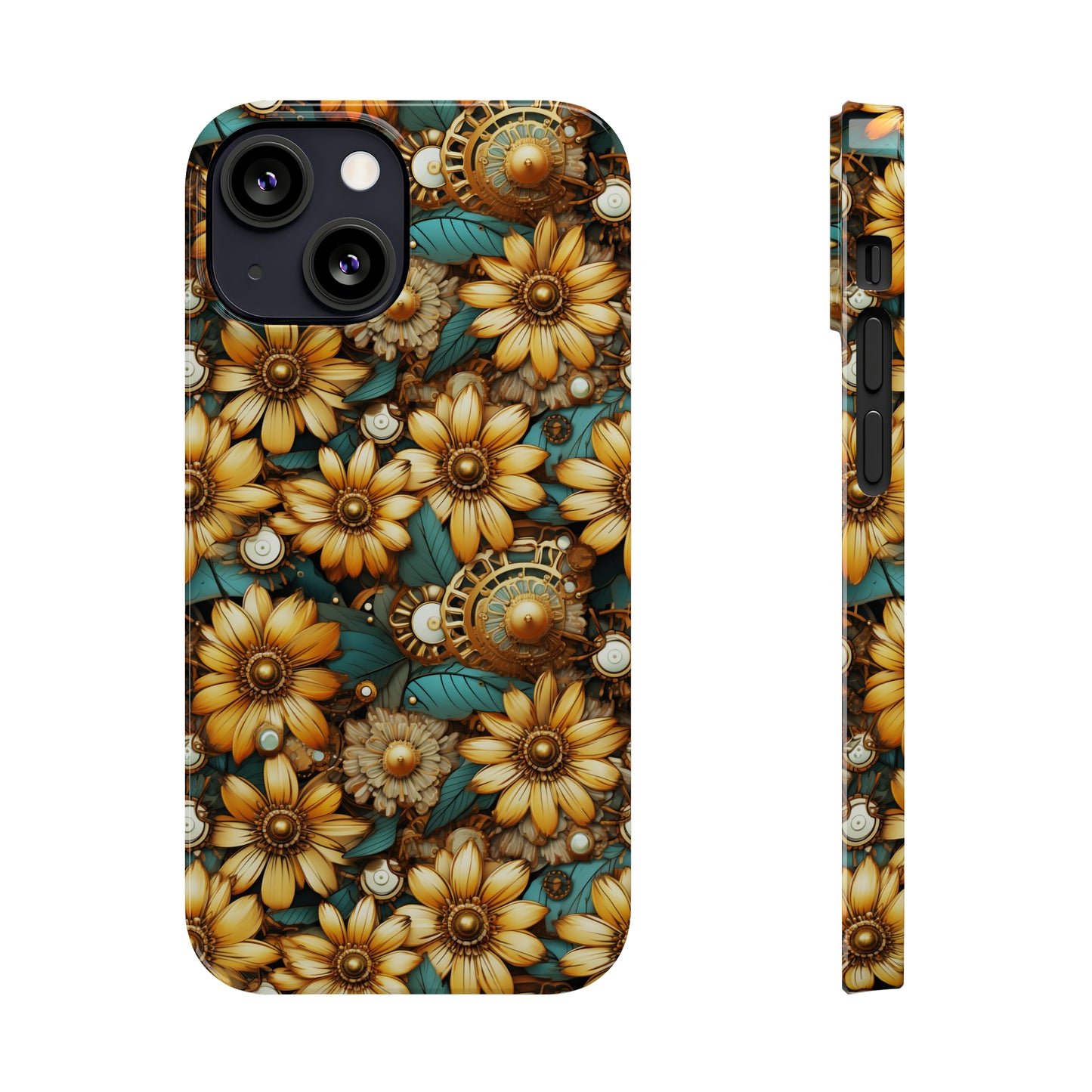 Victorian Steampunk Gold Flowers Teal Background with Gears and Mechanical Elements Iphone 15-12 Slim Phone Case