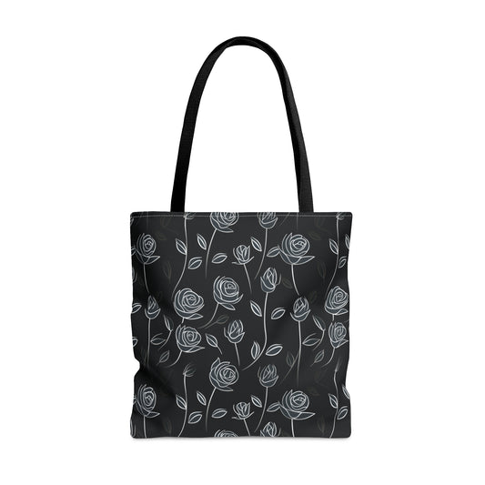 Contrasting Elegance: White Outlined Roses on a Black Background - Canvas Tote 3 Sizes