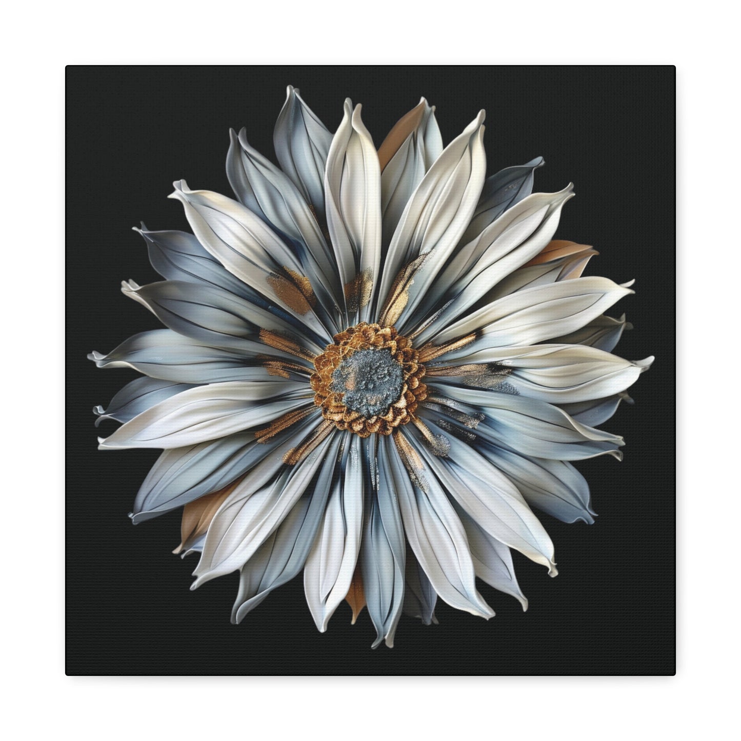 Pale Blue and Gold Sculpted Daisy on Black Background Print on Canvas Gallery Wraps  - 5 Sizes