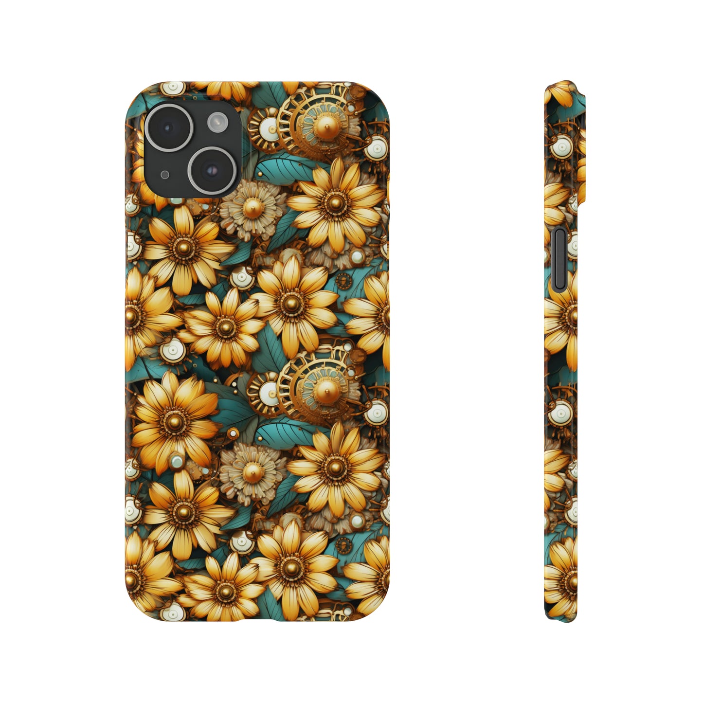 Victorian Steampunk Gold Flowers Teal Background with Gears and Mechanical Elements Iphone 15-12 Slim Phone Case