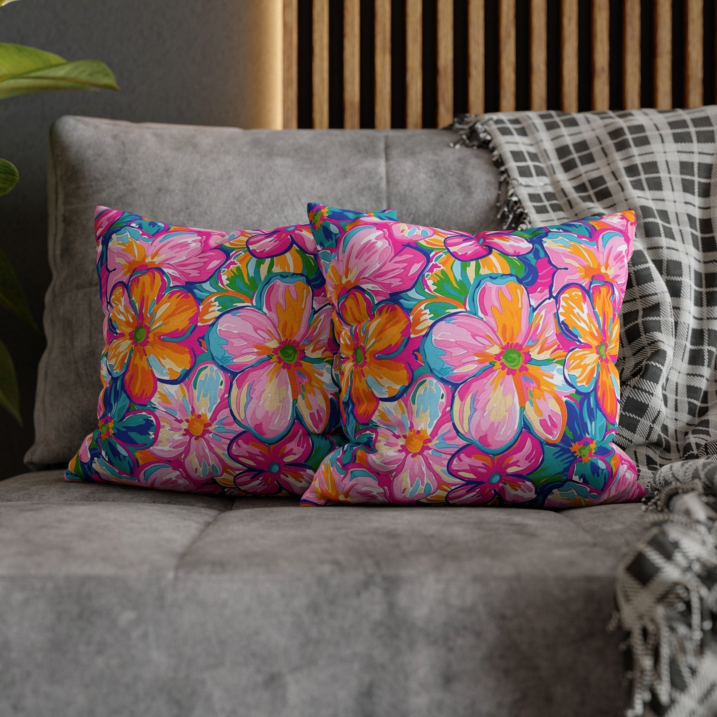 Chromatic Blossoms: Large Watercolor Flowers in Mixed Pinks, Blues, and Oranges Spun Polyester Square Pillowcase 4 Sizes