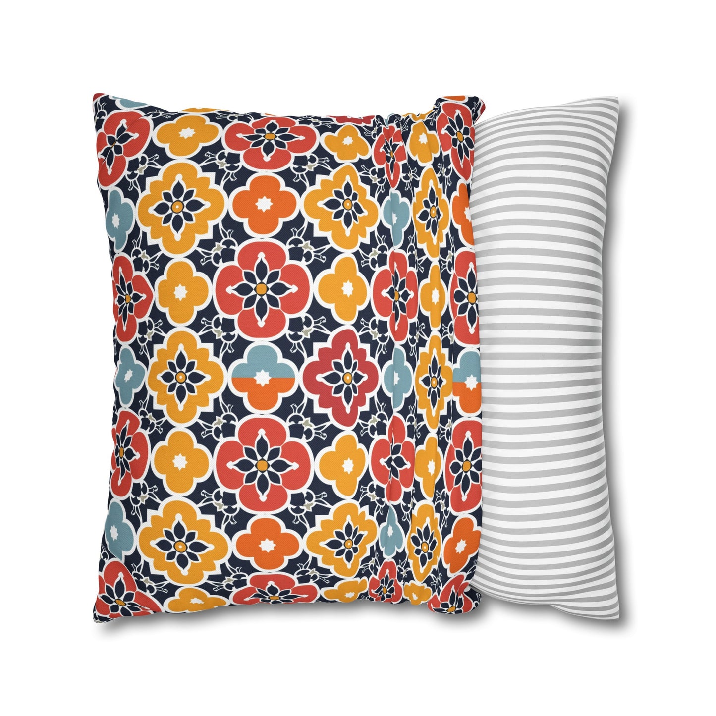 Vibrant Moroccan Orange, Gold and Blue Tile Pattern Spun Polyester Square Pillowcase 4 Sizes