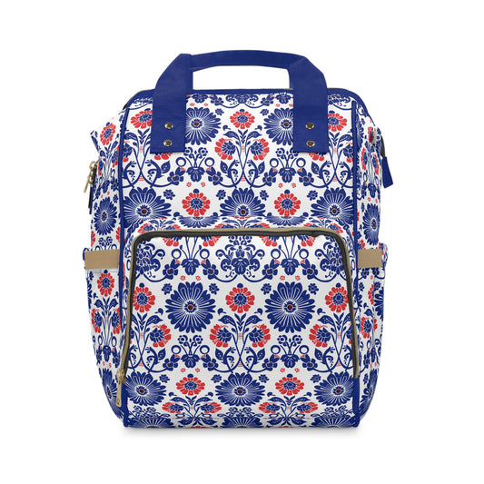 Charming Folk Blooms in Classic Polish Pottery Inspired Floral Pattern in Blue and Red Multifunctional Diaper Backpack