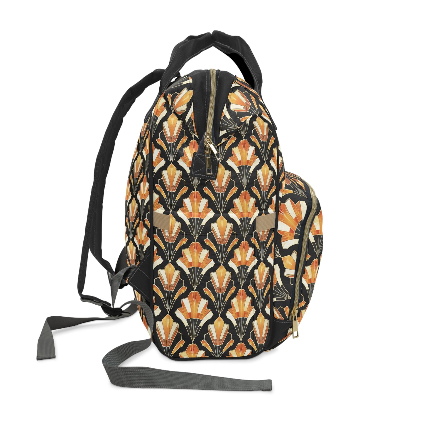 Art Deco Inspired Streamlined Geometric Florals in Orange and Black Multifunctional Diaper Backpack