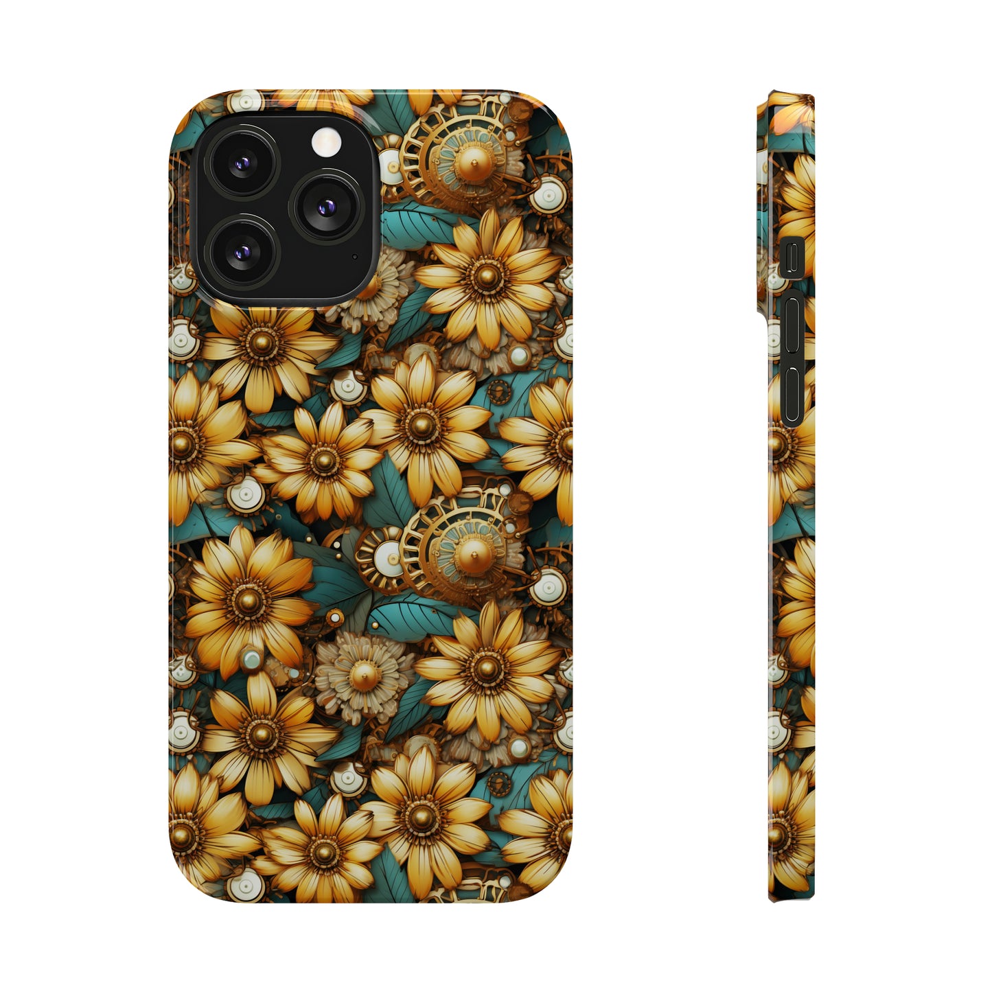 Victorian Steampunk Gold Flowers Teal Background with Gears and Mechanical Elements Iphone 15-12 Slim Phone Case