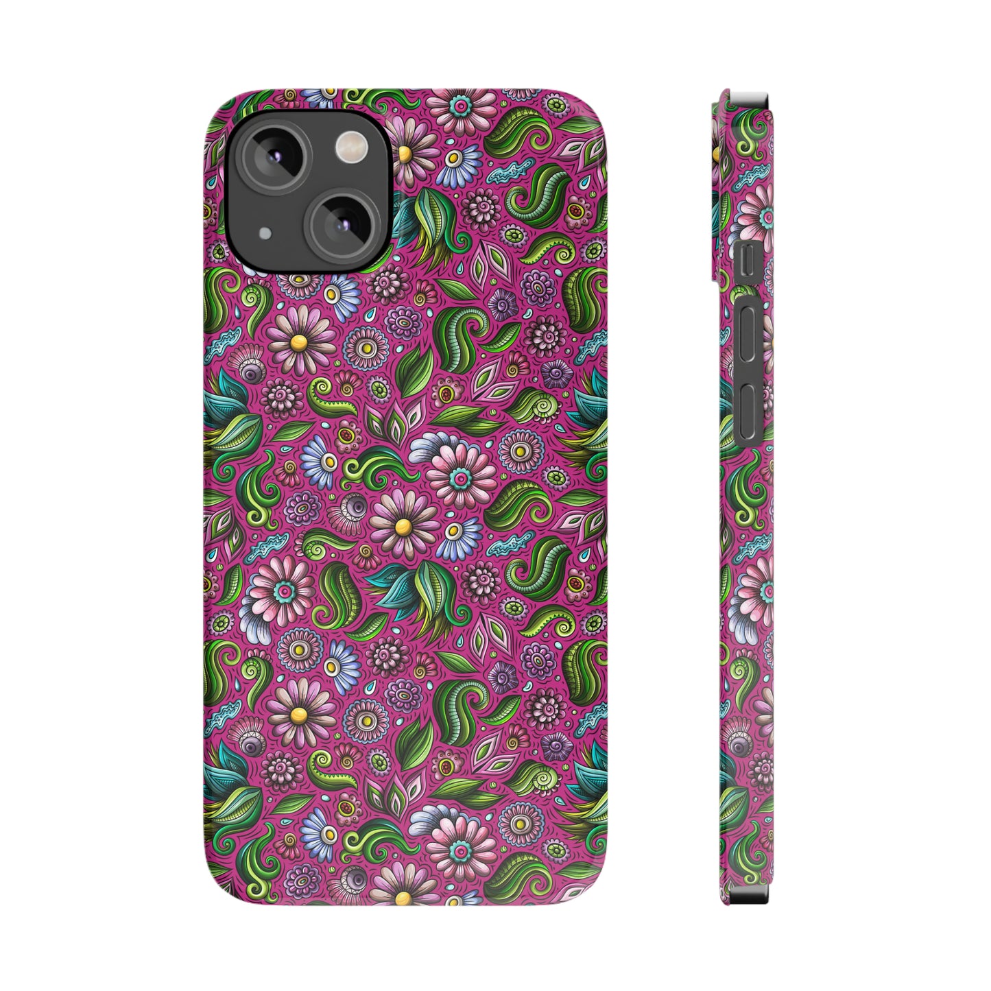 Purple & Pink Daisy Floral Print Hot Pink Background Iphone 15-12 Slim Phone Case