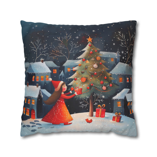 Joyful Surprise: Little Girl Admiring Christmas Tree with Presents Spun Polyester Square Pillowcase 4 Sizes