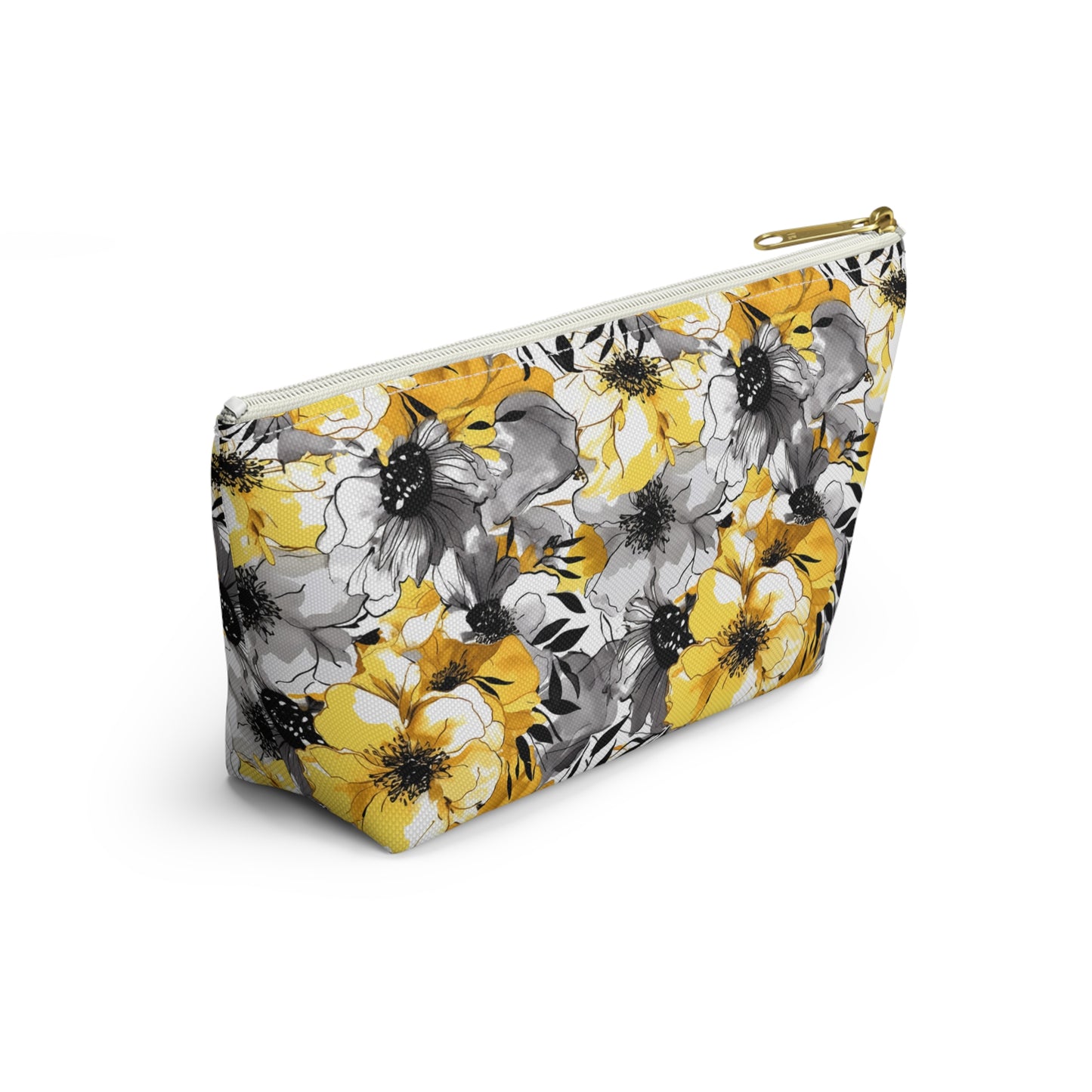 Soothing Radiance: Large Yellow and Grey Watercolor Flower Design - Makeup & Accessory Bag 2 Sizes