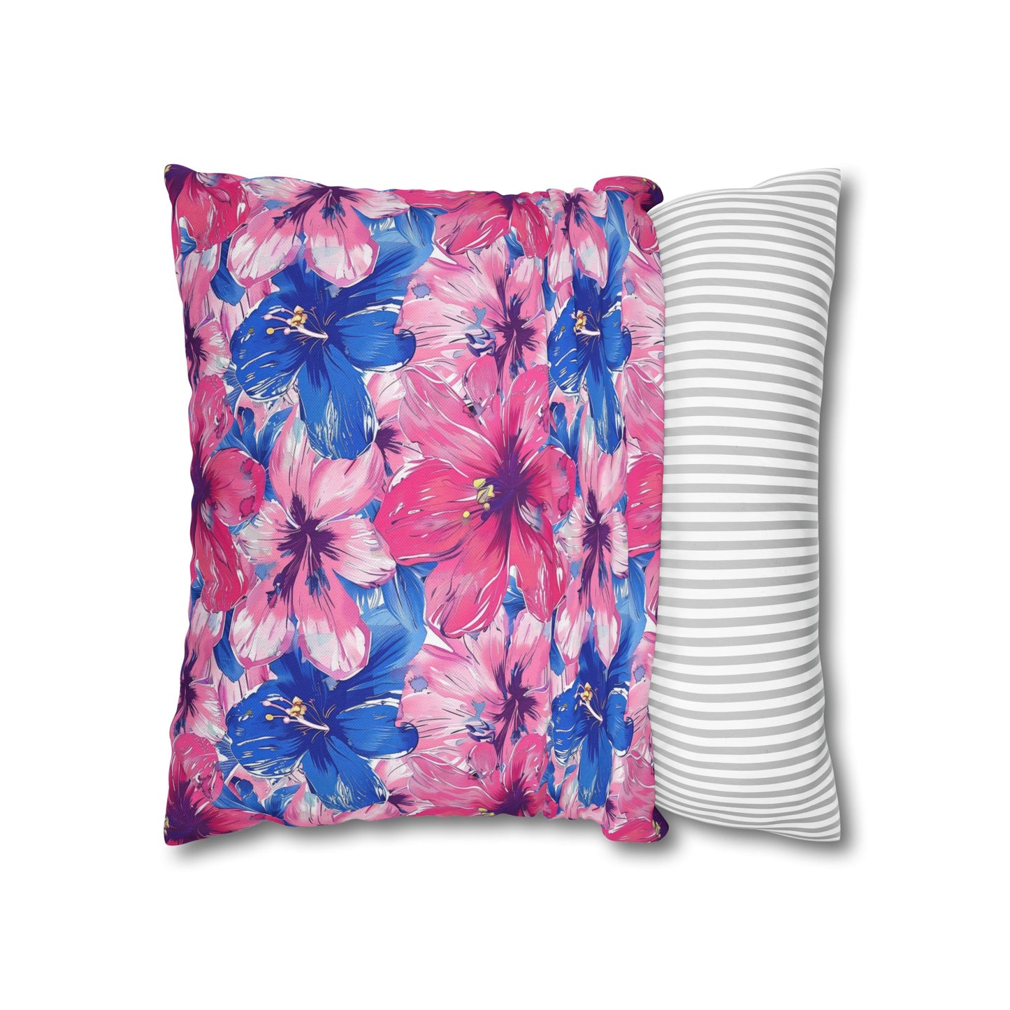 Blooming Bliss: Large Pink and Blue Blossoms in Full Bloom Spun Polyester Square Pillowcase 4 Sizes