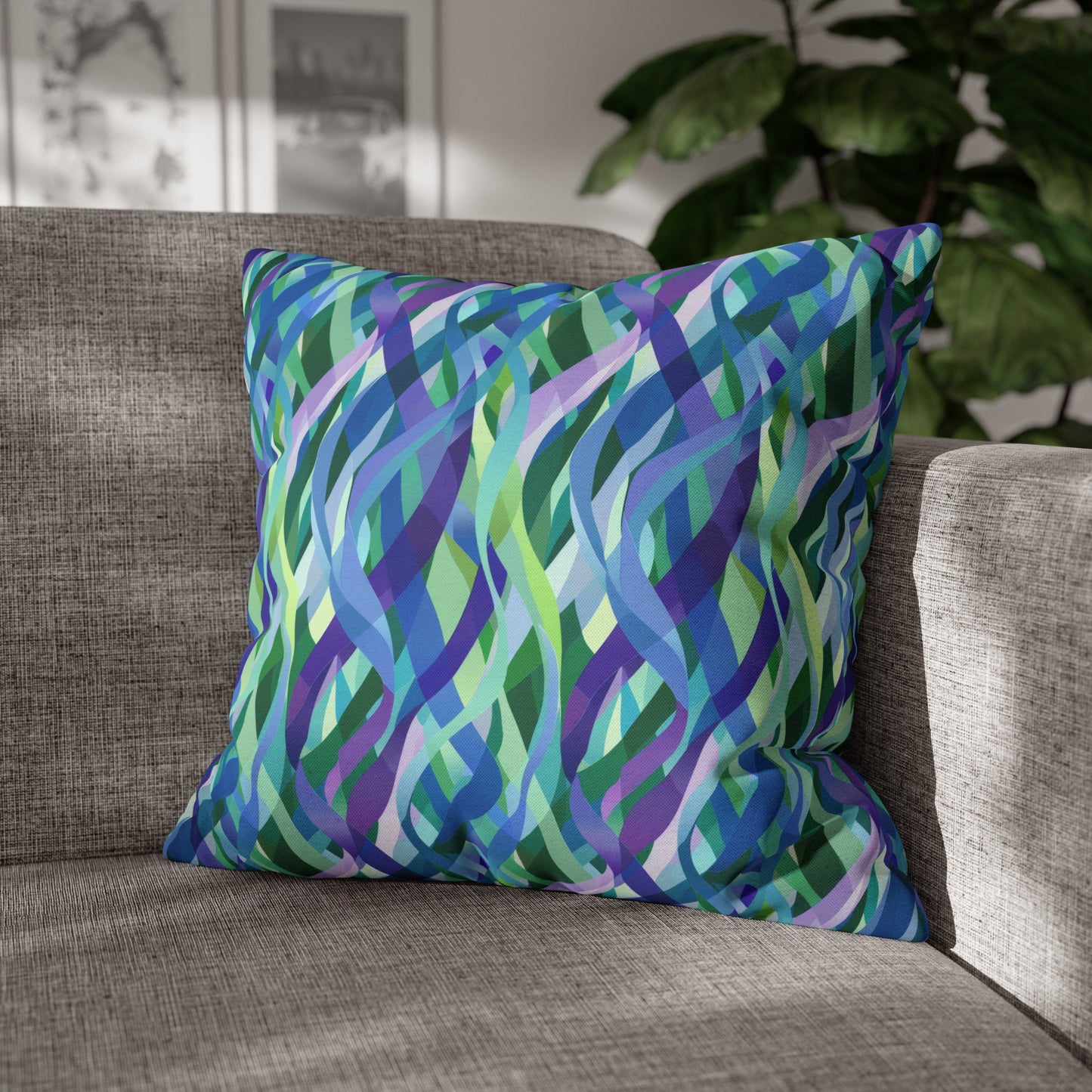 Vibrant Purple Blue and Green Ribbons Spun Polyester Square Pillowcase 4 Sizes