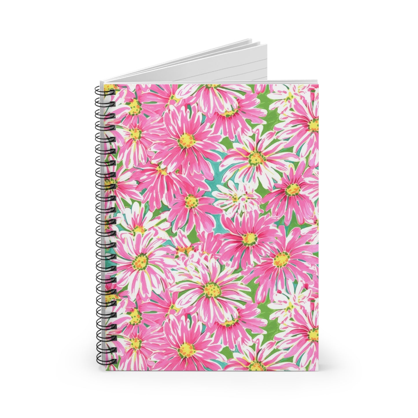 Spring's Whisper: Watercolor Pink Daisies Dancing on a Lush Green Stage Spiral Ruled Line Notebook