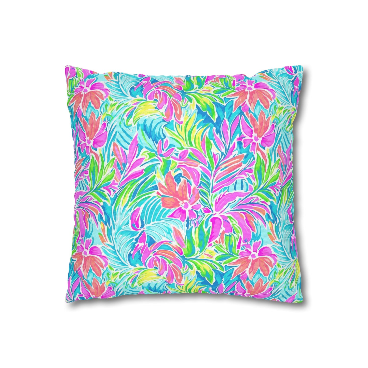 Neon Tropics: Vibrant Rainbow Flowers and Palm Leaves in Electric Splendor Spun Polyester Square Pillowcase 4 Sizes