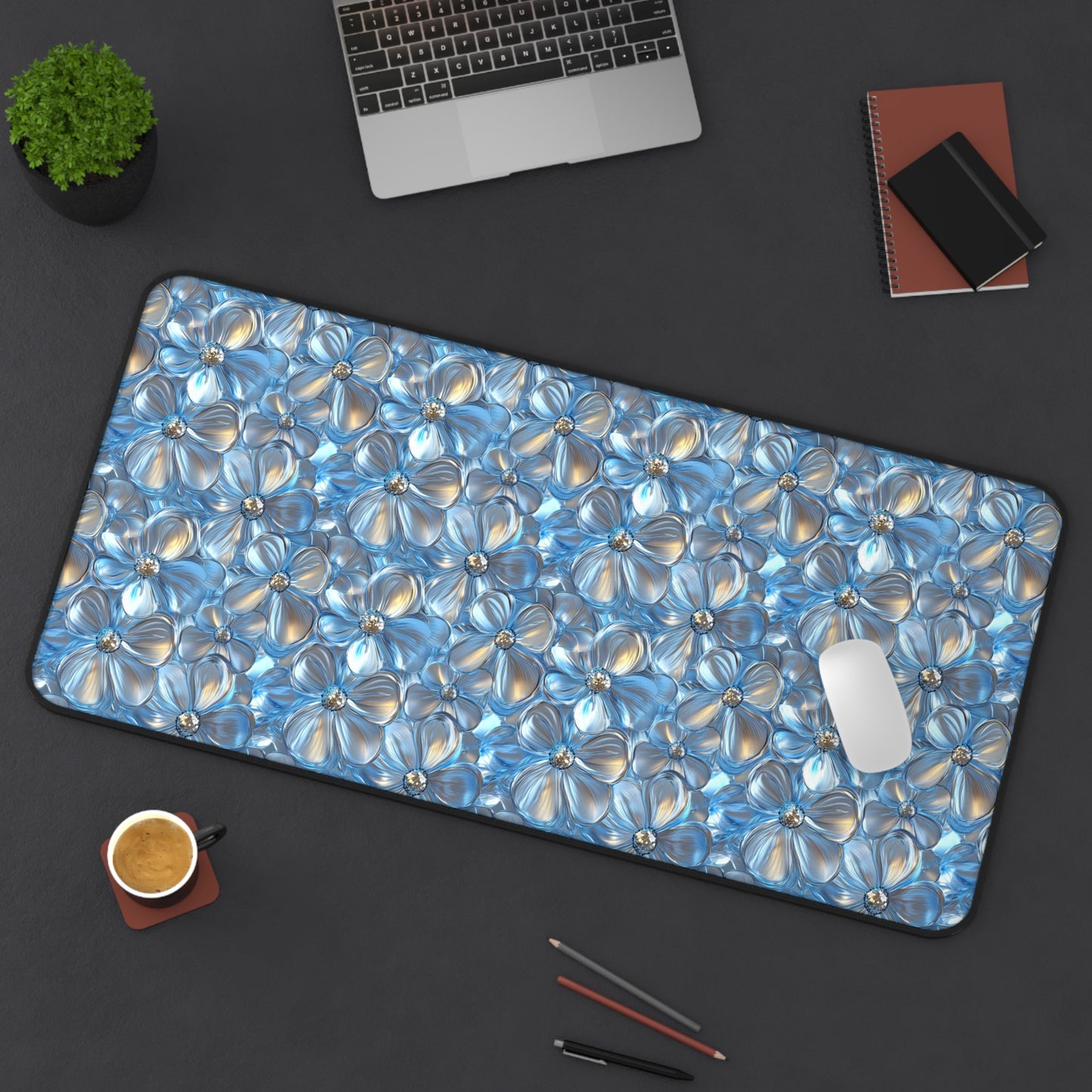 3D Silver Daisies Deskmat , Spring Flowers Desk Decoration, Floral Large Mousepad, Gaming Desk Mat, Desktop Accessory