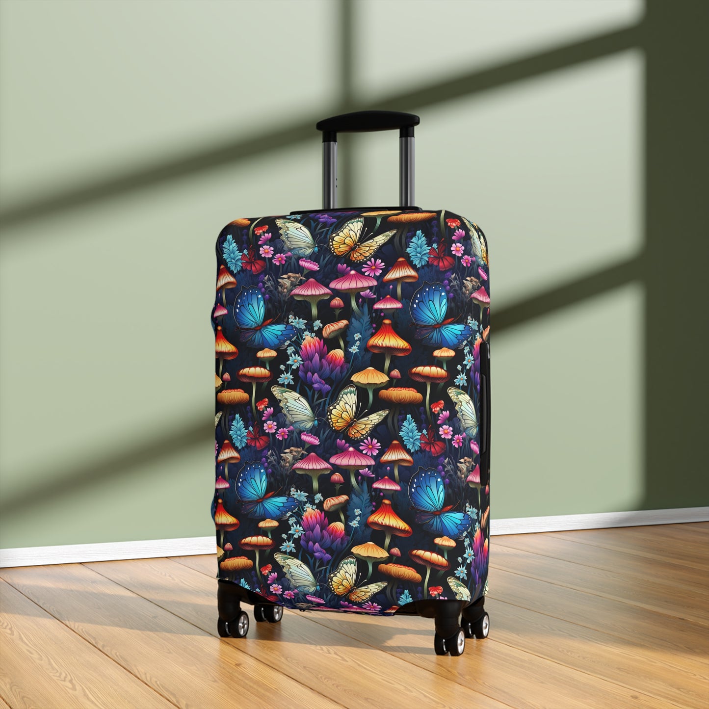 Neon Nocturne: Illuminated Butterfly and Mushroom Silhouettes Against the Night Sky  - Luggage Protector and Cover 3 Sizes