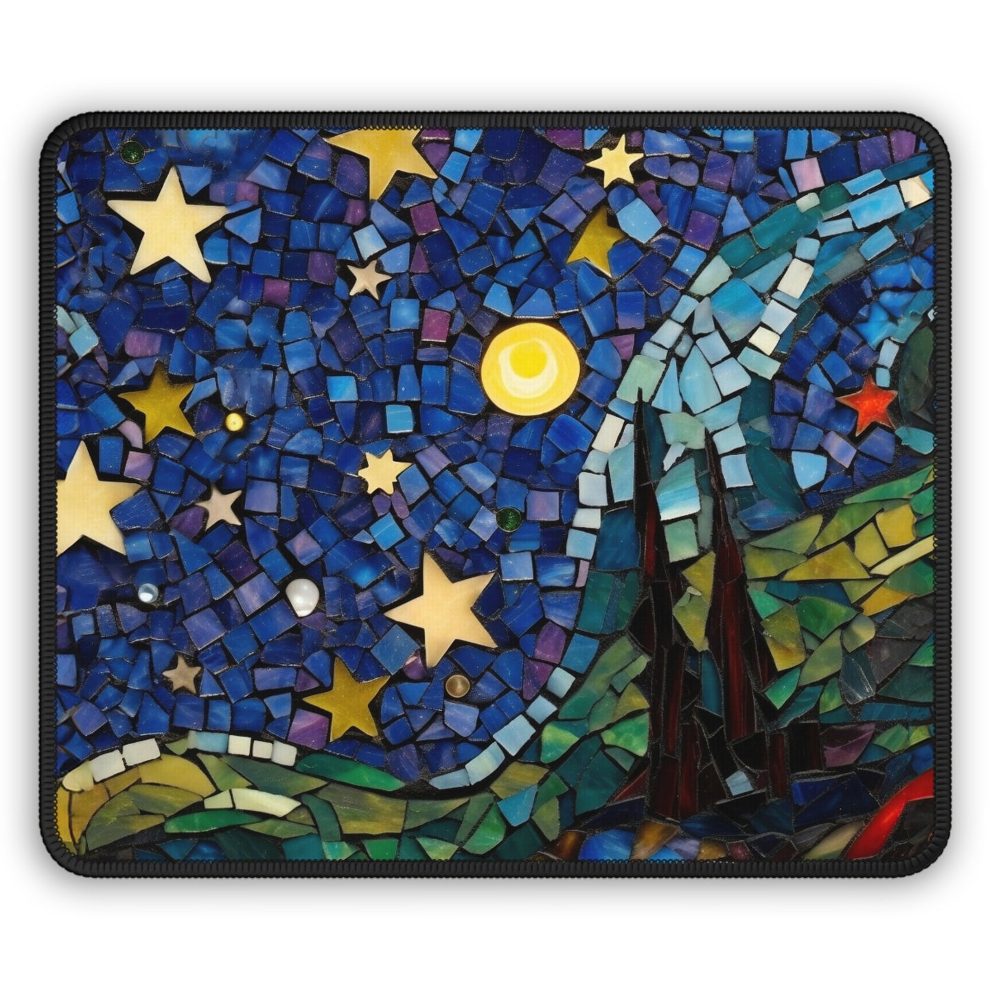 Starry Sky Nighttime Stain Glass Print Gaming Mouse Pad with Finished Edges