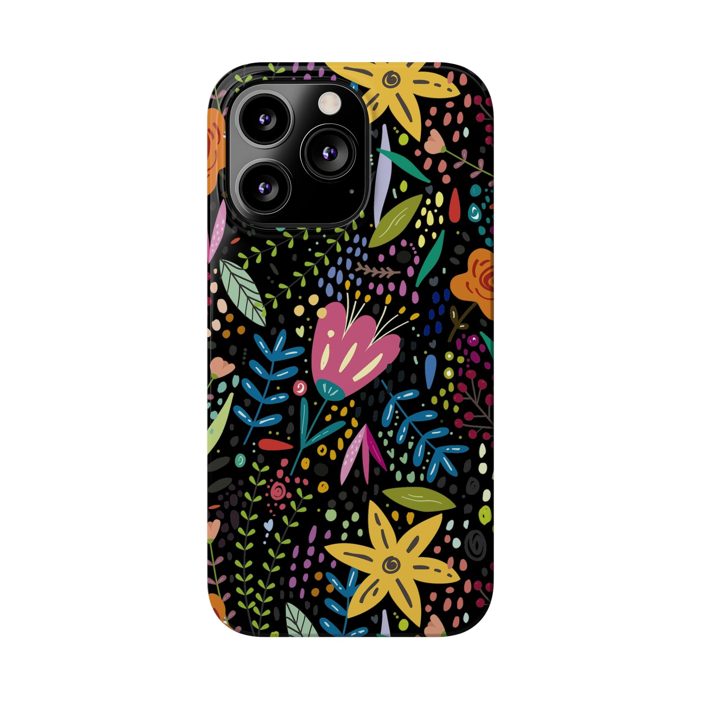 Springtime Splendor: Hand-Drawn Flowers Bursting with Vibrant Colors Design on Black Iphone 15-12 Slim Phone Case