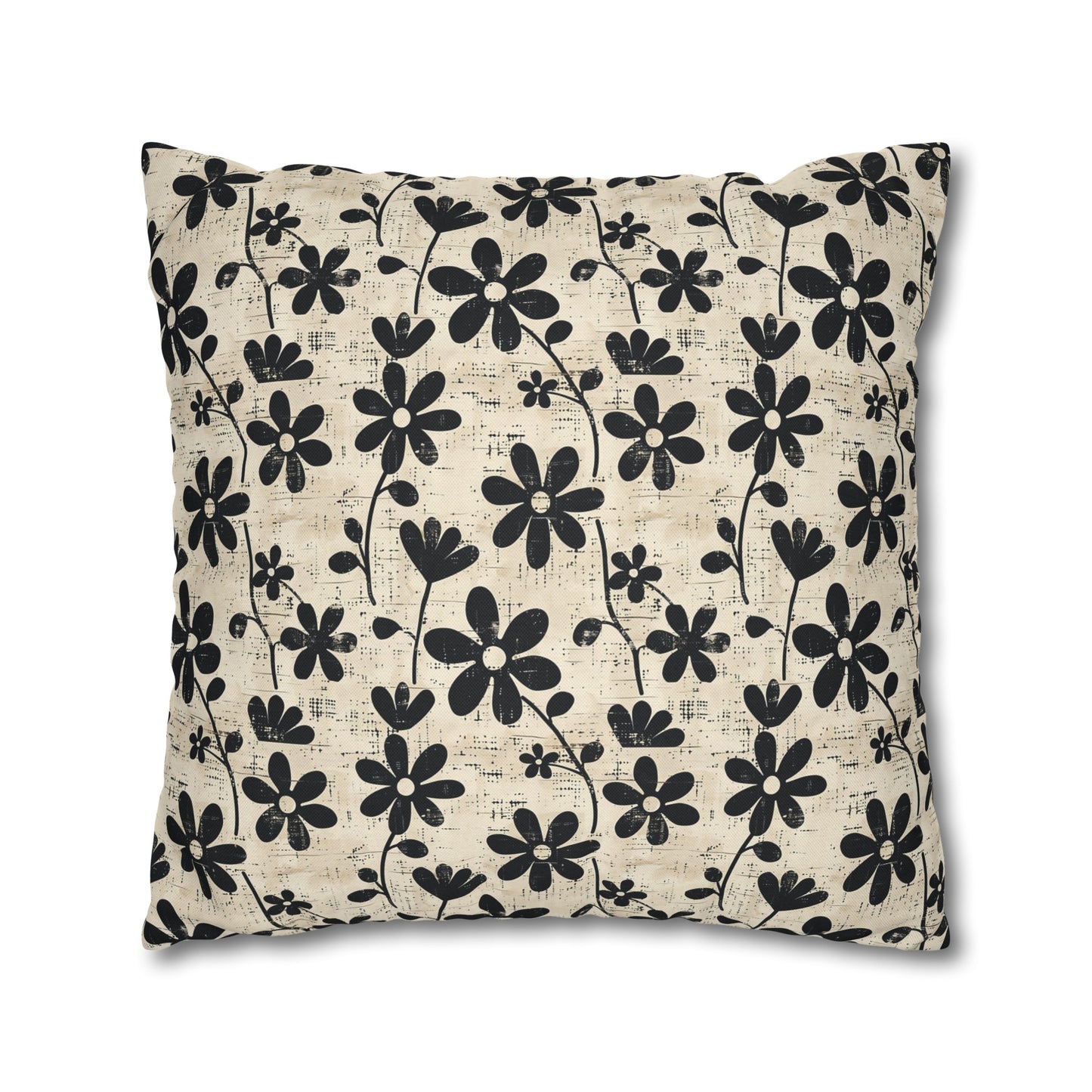 Distressed Black Floral on Beige Background Spun Polyester Square Pillowcase 4 Sizes