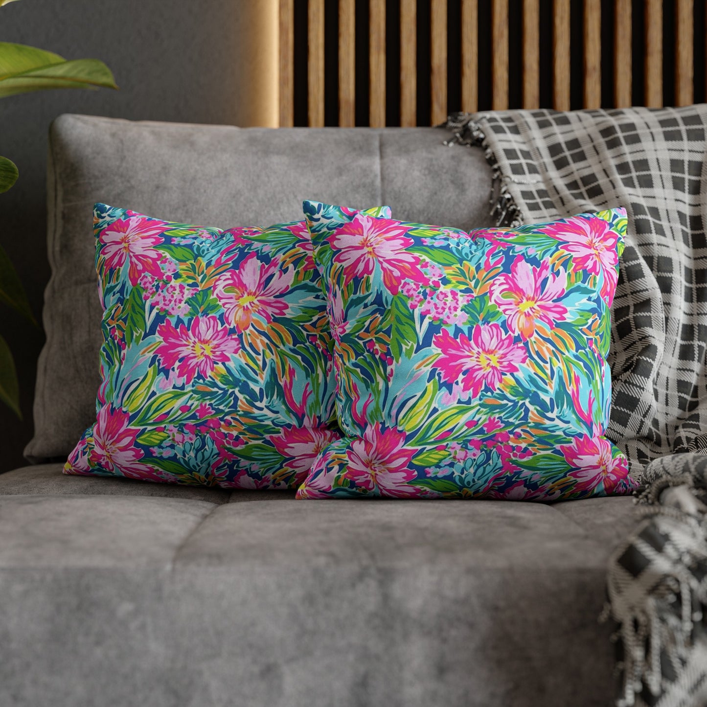 Sunlit Symphony: Large Blooms of Pink, Blue, and Green in Watercolor Spun Polyester Square Pillowcase 4 Sizes