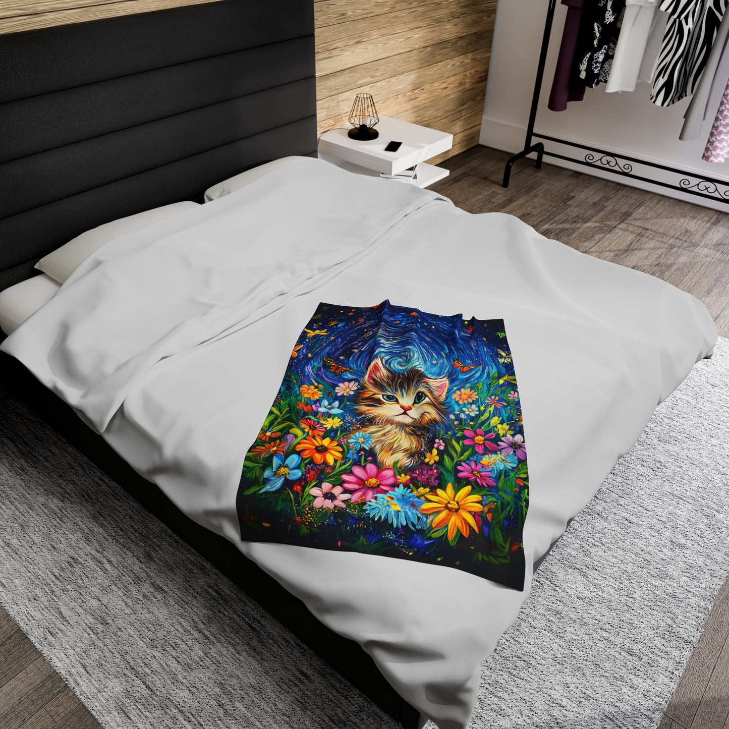 Whimsical Kitten Amidst a Van Gogh-Inspired Floral Fantasy Velveteen Plush Blanket 3 Sizes