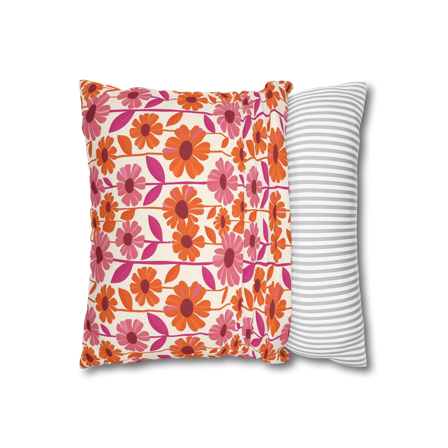 Retro Floral Bliss with Bold Pink and Orange Flower Design Spun Polyester Square Pillowcase 4 Sizes