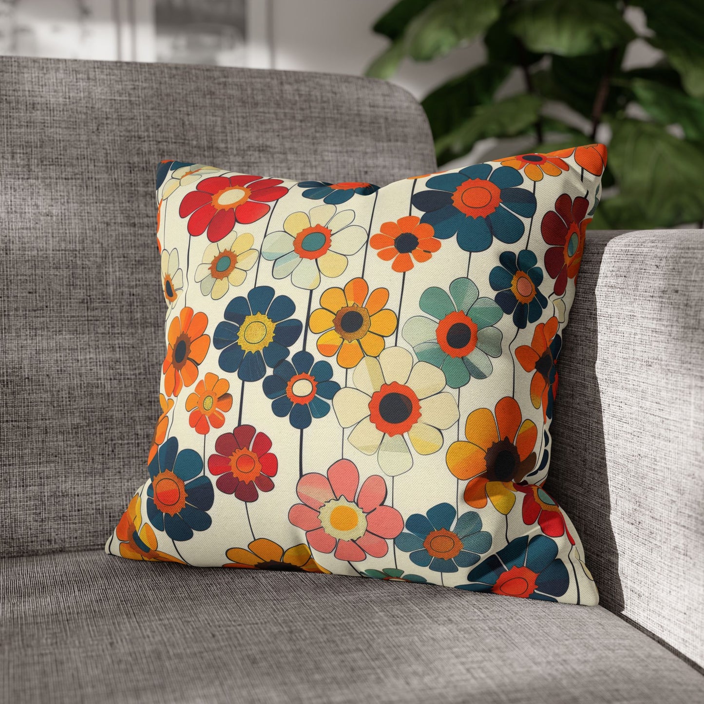 Blooming Joy Vibrant Retro Floral Pattern Spun Polyester Square Pillowcase 4 Sizes