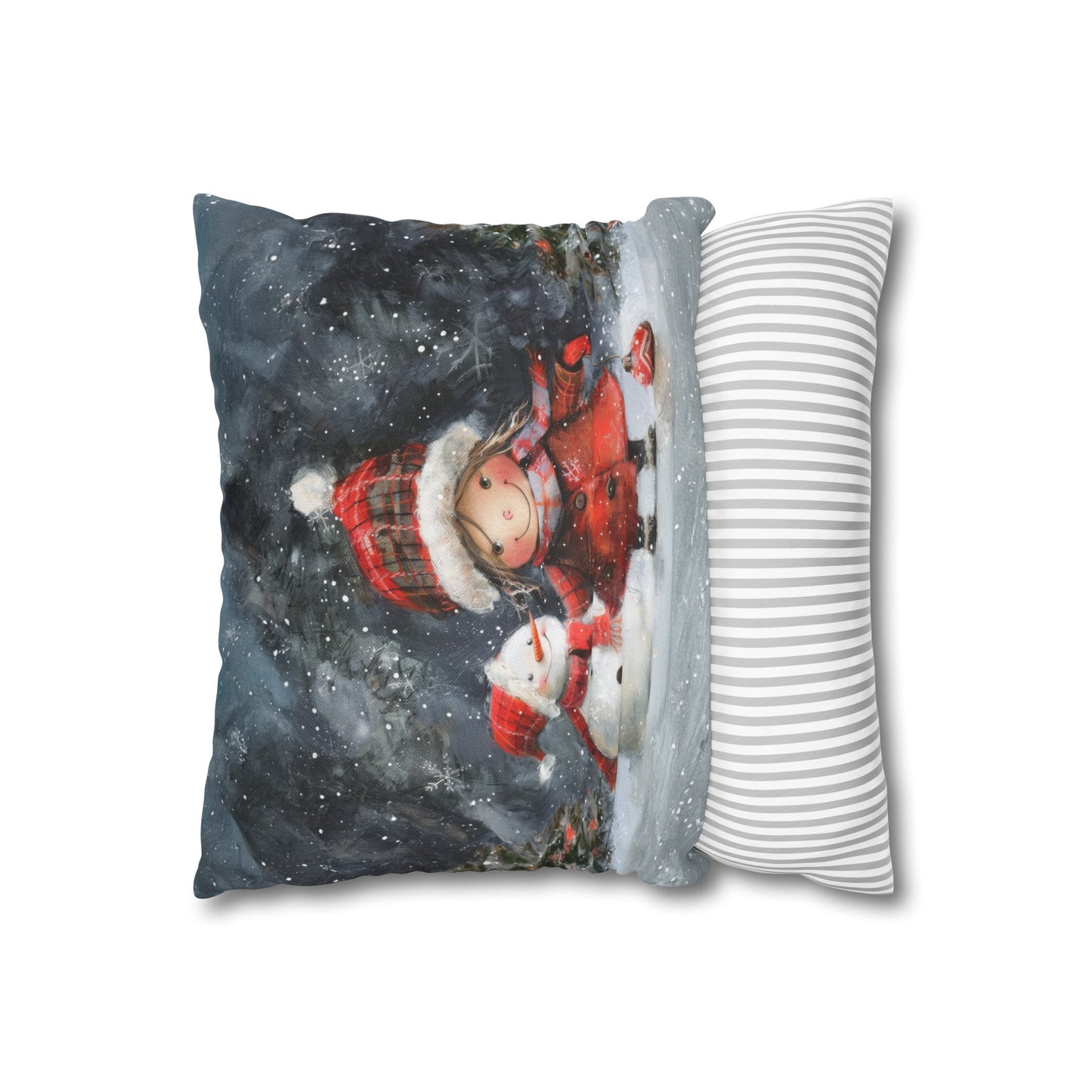 Frosty Friends: Little Girl Standing with Snowman on a Snowy Night Spun Polyester Square Pillowcase 4 Sizes