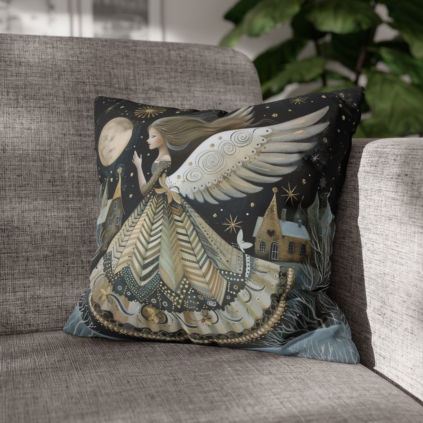 Frosty Angelic Glow: Angel Illuminated by Moonlight on a Snowy Night Spun Polyester Square Pillowcase 4 Sizes